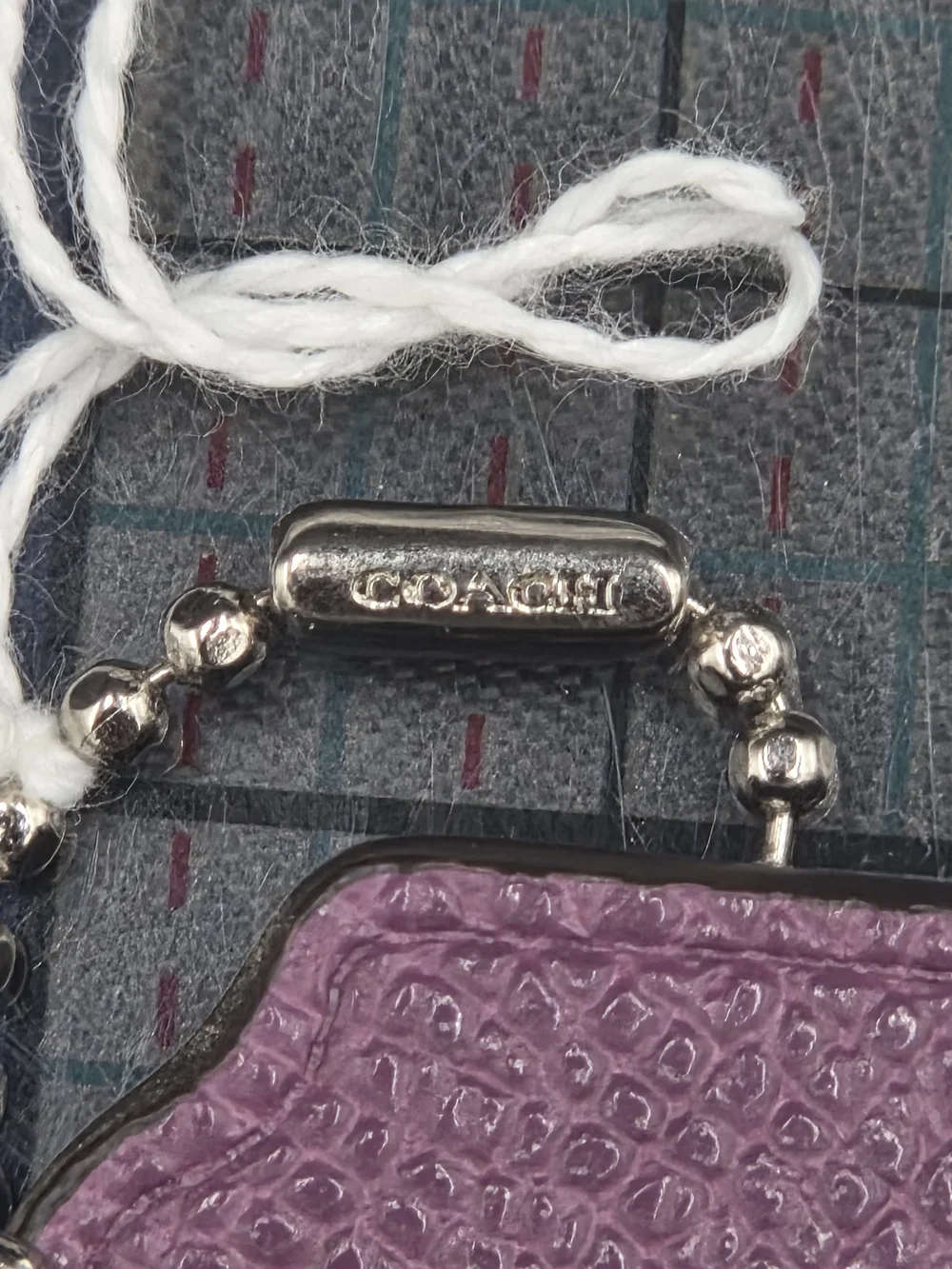 Coach Purple Textured Leather Key Tag with Embossed Silver Chain